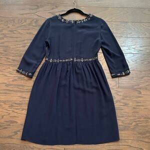Vanessa Bruno Athe Embelished Creepe De Chine Navy Silk Dress Size Small (36)
